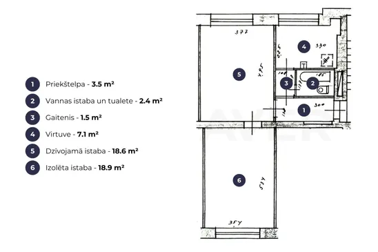 Gaišs, plašs 2 istabu dzīvoklis pašā Rīgas centrā.